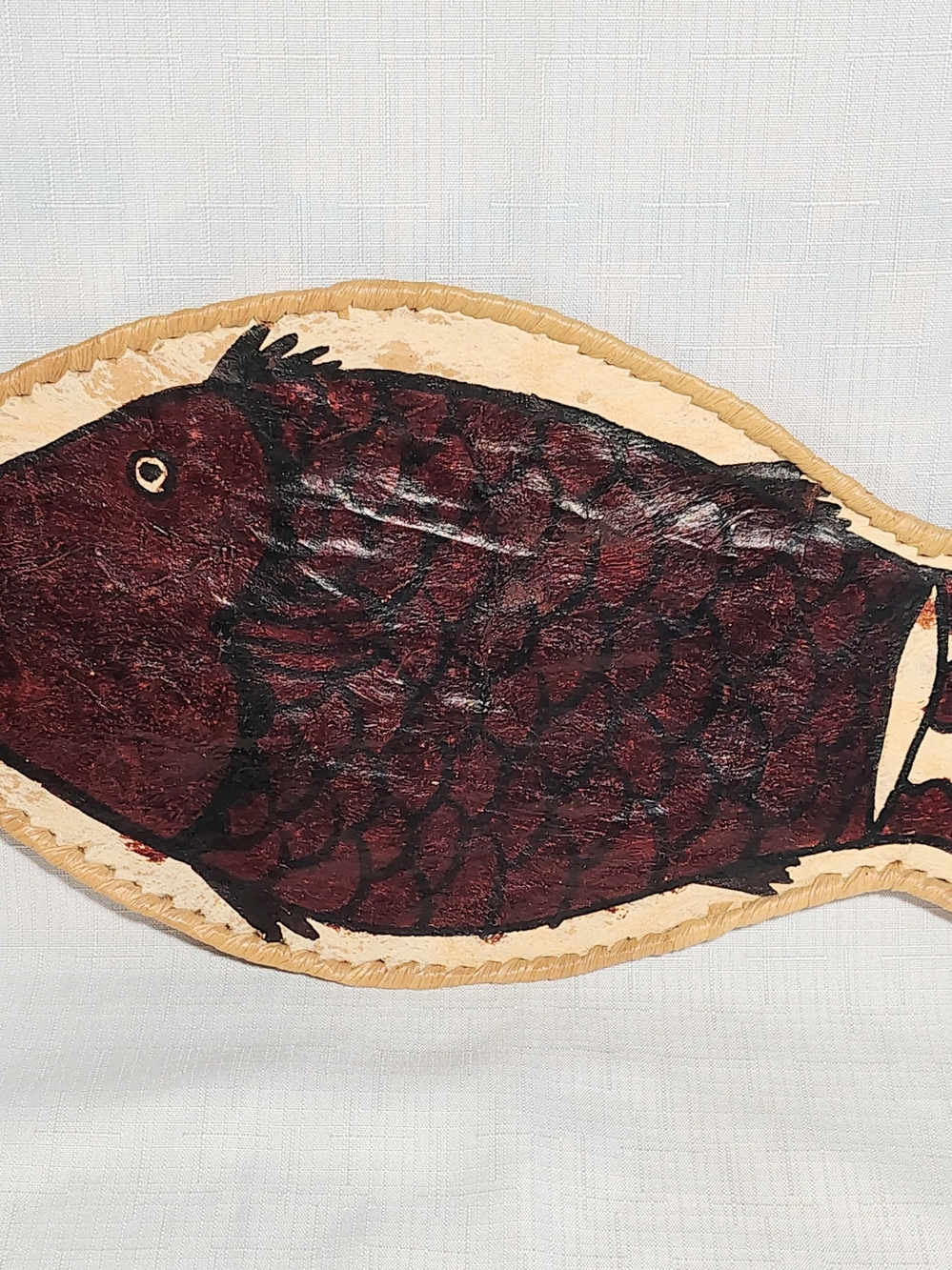 Vintage Indigenous Palm Bark Cloth Art Painted Fish On Bark Woven Back 16"